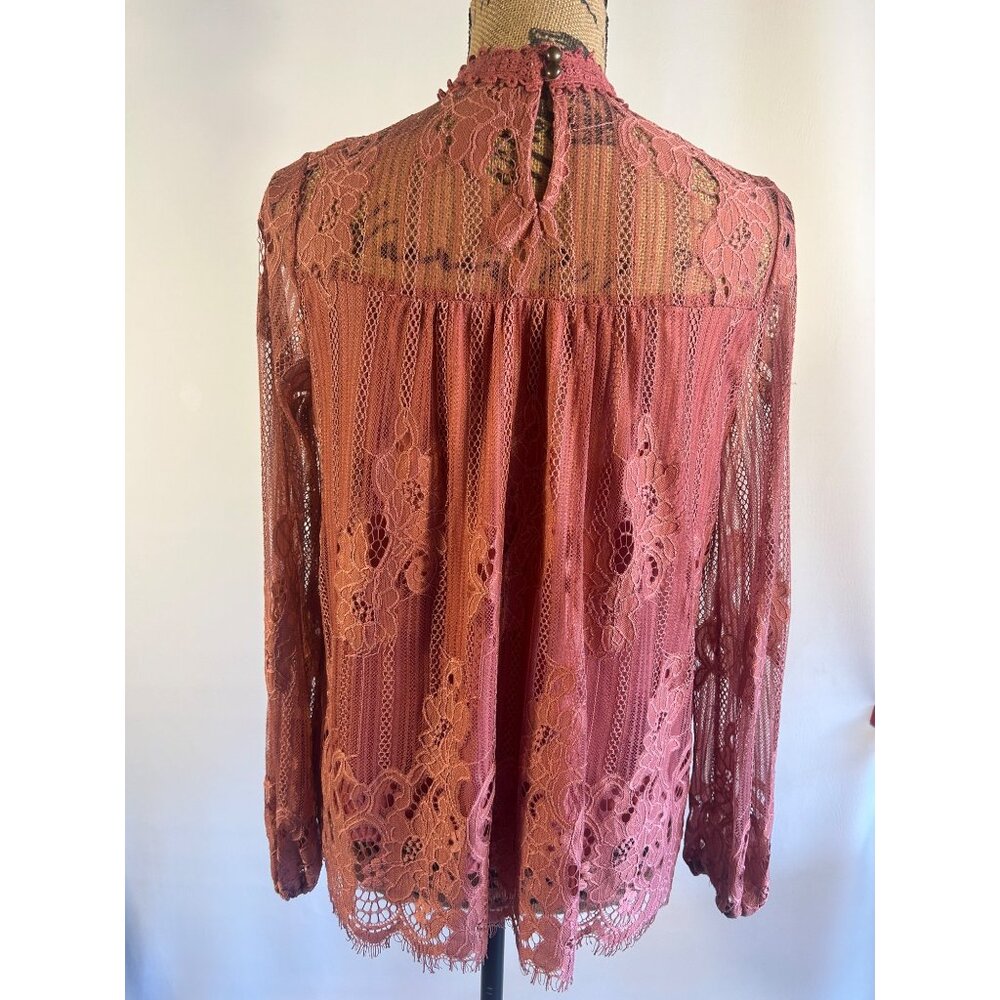 Taylor & Sage Women's Lace Blouse Long Sleeve S Rust Keyhole Back Boho Chic - Picture 6 of 9